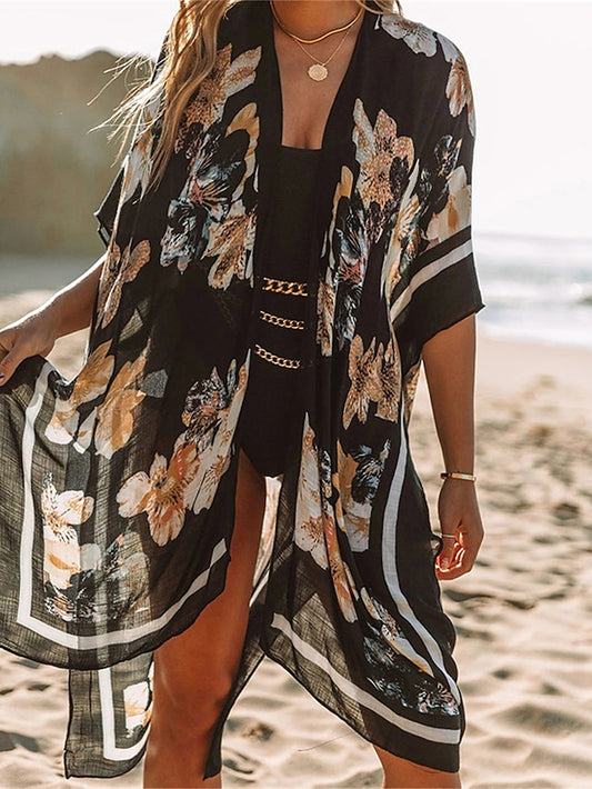 Women's Cover Up Beach Dress Beach Wear Midi Dress Print Basic Casual Floral Open Front Half Sleeve Loose Fit Outdoor Daily Black Navy Blue 2023 Spring Summer One Size - LuckyFash™