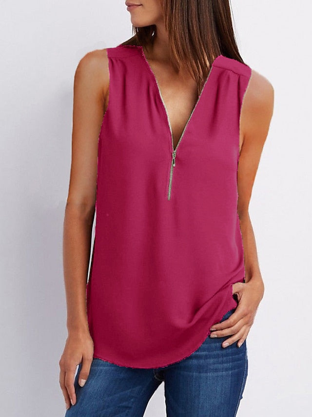 Zipper Up Tunic Vest Summer Casual Short Sleeve V Neck Half Tops Blouse for Women - LuckyFash™