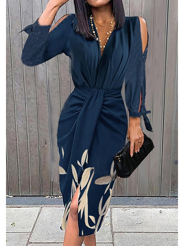 Women's Shirt Dress Sheath Dress Midi Dress Dark Blue Long Sleeve Leaf Ruched Summer Spring V Neck Modern Winter Dress Office Wedding Guest 2023 S M L XL XXL 3XL - LuckyFash™