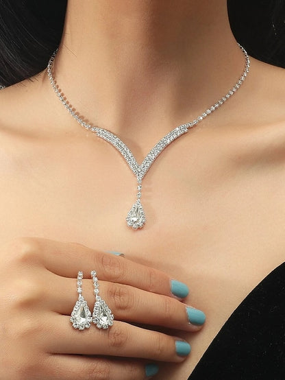 3pcs Bridal Jewelry Sets Bride Jewelry Set Silver Crystal Wedding Necklace Earrings Bridal Rhinestone Teardrop Pendant Accessories for Women and Bridesmaids (3 piece set - 2 earrings and 1 necklace - LuckyFash™