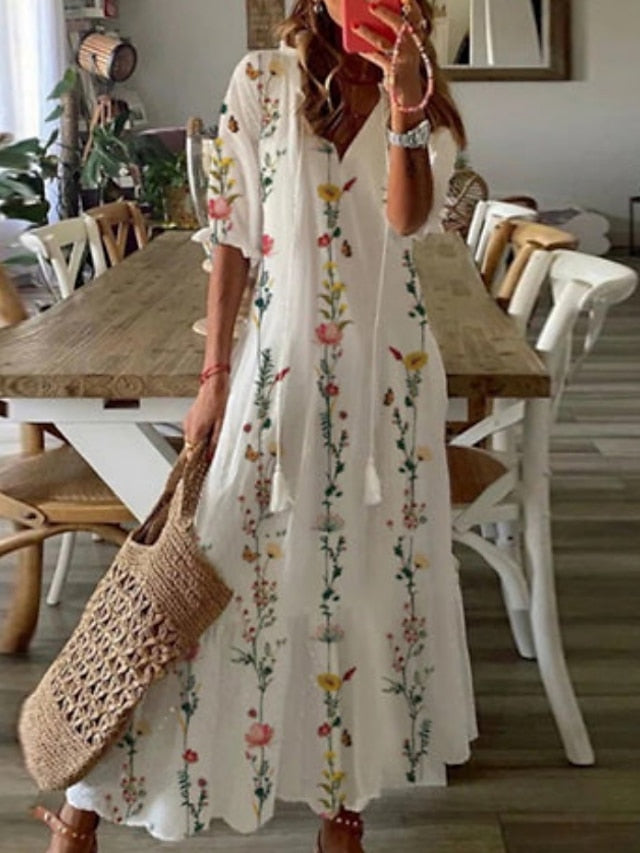 Women's A Line Dress Maxi long Dress White Half Sleeve Floral Print Spring Summer V Neck Fashion Modern 2023 3XL - LuckyFash™