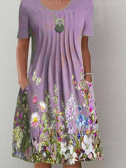 Women's Casual Dress Floral Dress Midi Dress Blue Purple Green Short Sleeve Floral Ruched Summer Spring Crew Neck Basic 2023 S M L XL XXL - LuckyFash™