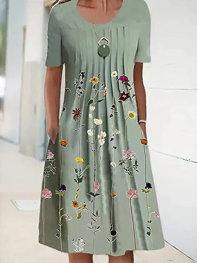 Women's Casual Dress T Shirt Dress Tee Dress Shift Dress Midi Dress Blue Green Short Sleeve Floral Ruched Summer Spring Crew Neck Basic Daily Weekend 2023 S M L XL XXL 3XL - LuckyFash™