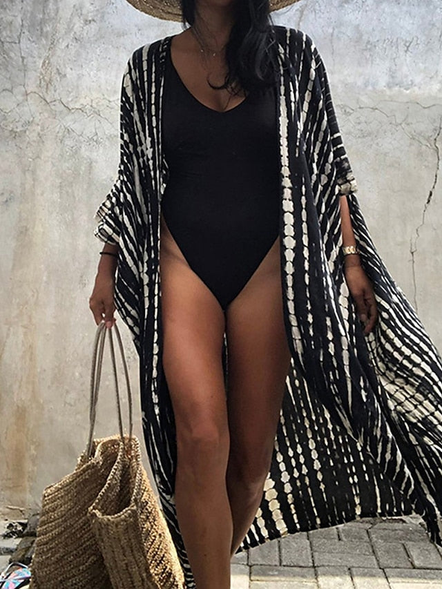 Women's Beach Dress Beach Wear Long Dress Maxi Dress Lace up Basic Casual Tie Dye Open Front 3/4 Length Sleeve Loose Fit Outdoor Daily Black White 2023 Summer Spring One Size - LuckyFash™