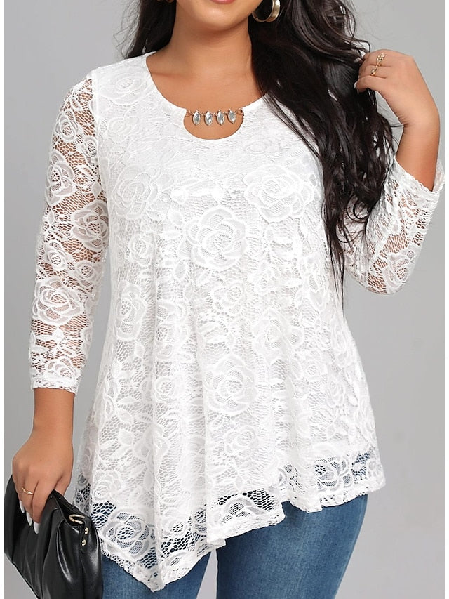 Women's Blouse White Floral Lace Long Sleeve Work Daily Elegant Crew Neck Plus Size L - LuckyFash™