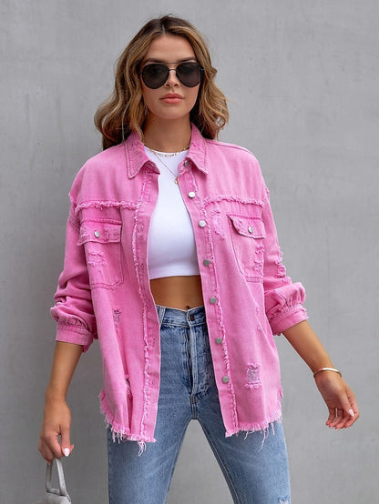 Shacket Pink Purple Orange Plain Button Pocket Long Sleeve Casual Daily Basic Shirt Collar Regular Denim S for Women - LuckyFash™