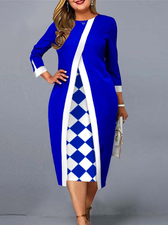 Women's Plus Size Work Dress Sheath Dress Plaid Midi Dress 3/4 Length Sleeve Print Crew Neck Elegant Office Blue Spring Fall XL XXL 3XL 4XL 5XL - LuckyFash™