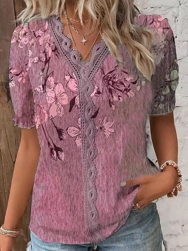 Women's Shirt Blouse Pink Purple Green Floral Lace Trims Print Short Sleeve Casual Holiday Basic V Neck Regular Floral S - LuckyFash™