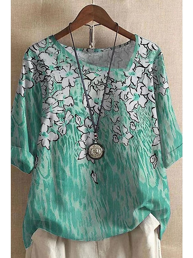 Women's Shirt Blouse Black Light Green Pink Floral Print Short Sleeve Casual Holiday Basic V Neck Regular Floral S - LuckyFash™