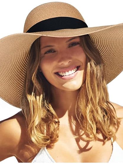 1 PC Womens Sun Straw Hat Wide Brim UPF 50 Summer Hat Foldable Roll up Floppy Beach Hats for Women - LuckyFash™