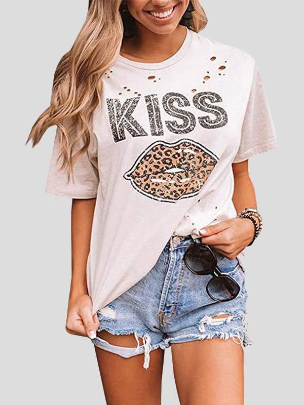 Kiss Leopard Print Round Neck Short Sleeve T-shirt - LuckyFash™