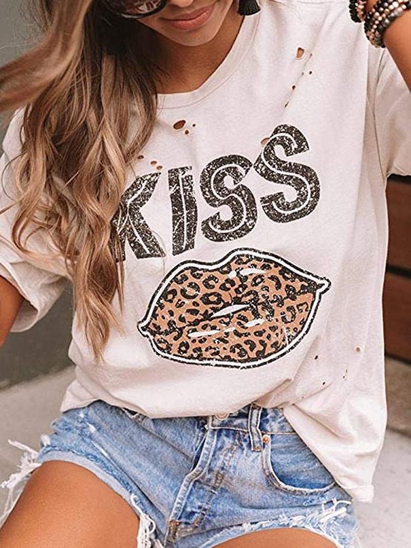 Kiss Leopard Print Round Neck Short Sleeve T-shirt - LuckyFash™