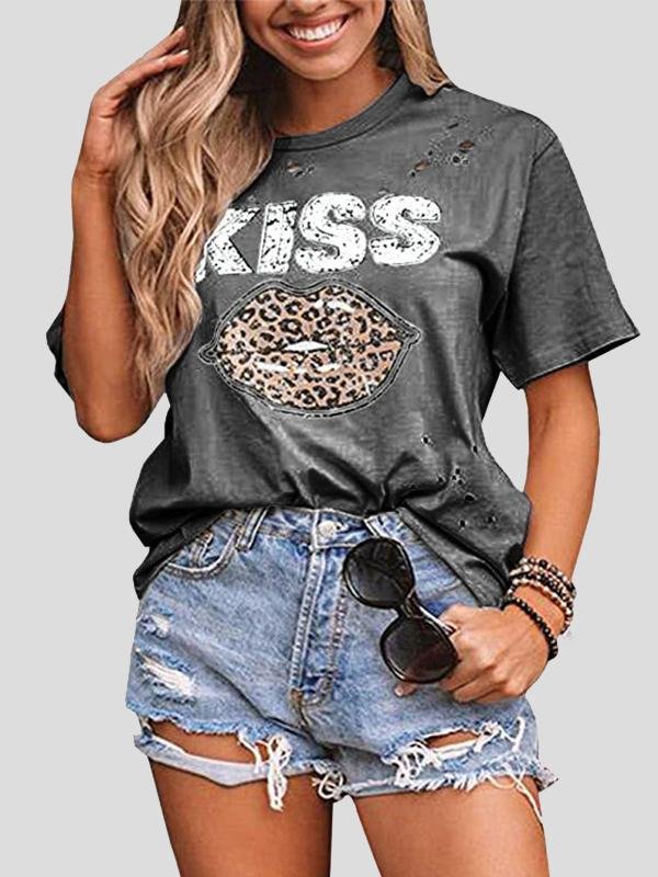 Kiss Leopard Print Round Neck Short Sleeve T-shirt - LuckyFash™