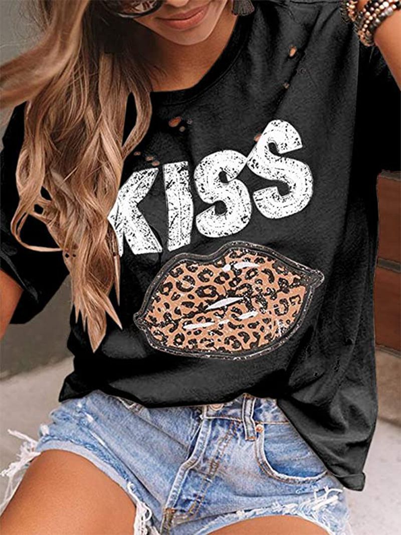Kiss Leopard Print Round Neck Short Sleeve T-shirt - LuckyFash™