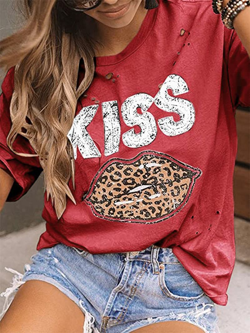 Kiss Leopard Print Round Neck Short Sleeve T-shirt - LuckyFash™