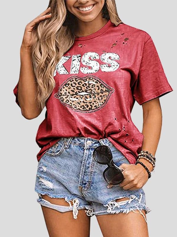 Kiss Leopard Print Round Neck Short Sleeve T-shirt - LuckyFash™