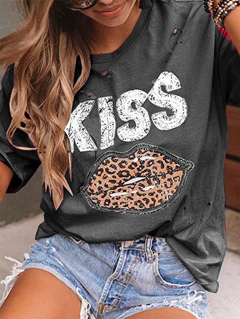 Kiss Leopard Print Round Neck Short Sleeve T-shirt - LuckyFash™