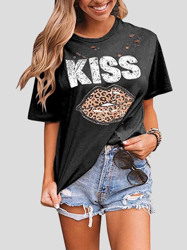 Kiss Leopard Print Round Neck Short Sleeve T-shirt - LuckyFash™