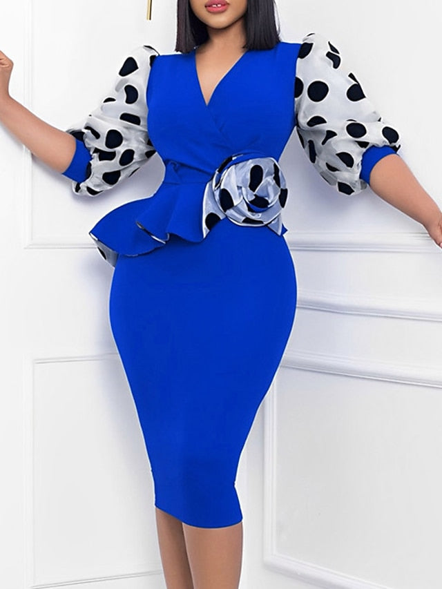 Women's Work Dress Sheath Dress Midi Dress Black Yellow Blue 3/4 Length Sleeve Polka Dot Ruffle Summer Spring V Neck Fashion Office S M L XL 2XL 3XL - LuckyFash™