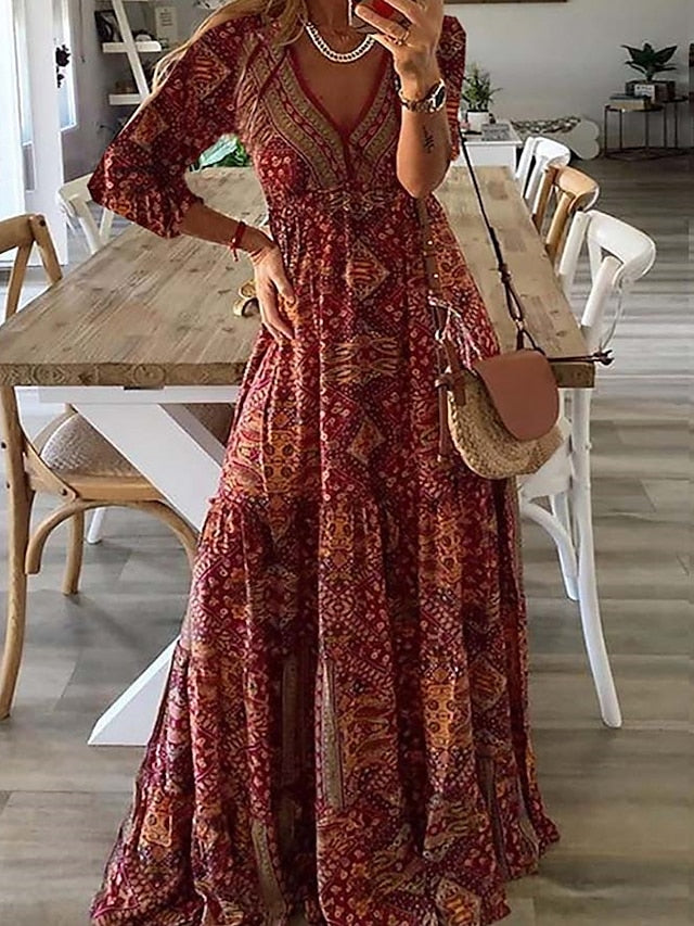 Womenâ€˜s A Line Dress Maxi long Dress Red 3/4 Length Sleeve Print Summer Spring Fall  V Neck Casual 2023 3XL - LuckyFash™