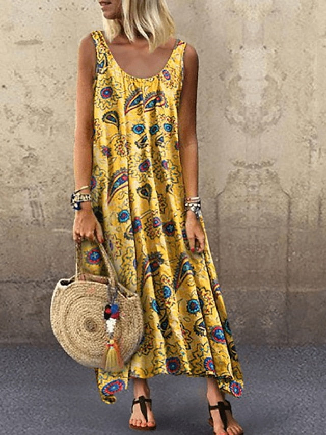 Women's Swing Dress Maxi long Dress Green Blue Khaki Red Yellow Sleeveless Print Basic Summer Deep U Hot Casual Boho Loose S M L XL XXL 3XL 4XL 5XL - LuckyFash™