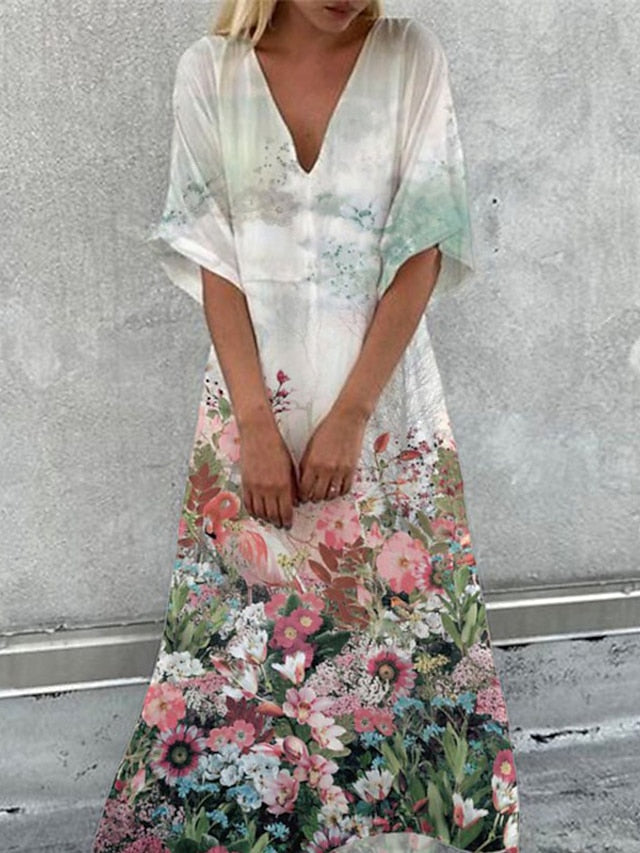 Women's Marbling Floral Print Casual Dress Swing Dress Boho Dress Long Dress Maxi Dress Green Blue Yellow Half Sleeve Summer Fall Spring V Neck Weekend Loose Fit 2023 S M L XL XXL 3XL - LuckyFash™