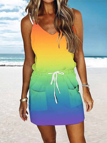 Women's Beach Dress Beach Wear Mini Dress Lace up Pocket Fashion Modern Color Block Spaghetti Strap Sleeveless Loose Fit Daily Vacation White Yellow 2023 Summer Spring S M L XL - LuckyFash™