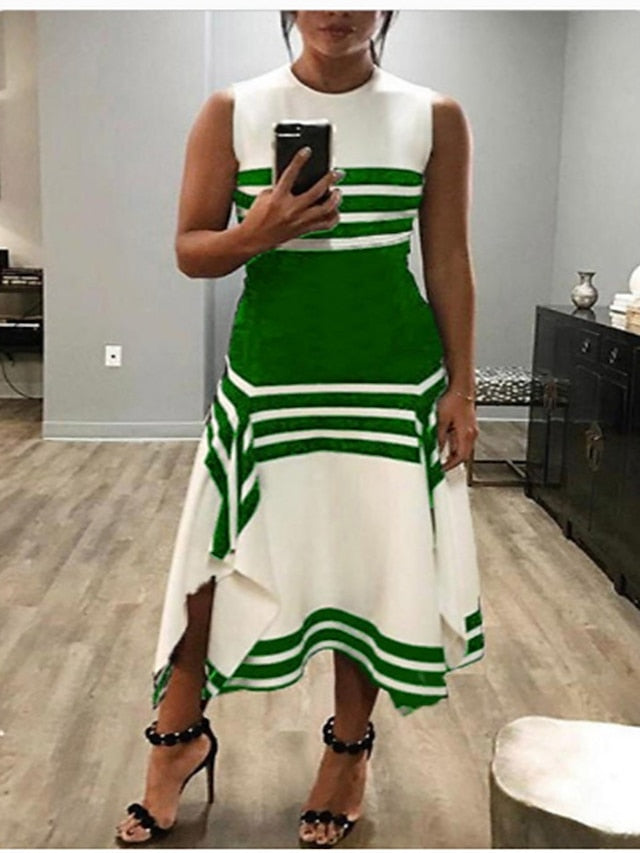 Women's Work Dress Midi Dress White collar stripes Black collar stripes Green Short Sleeve Color Block Print Spring Summer Crew Neck S M L XL XXL XXXL - LuckyFash™