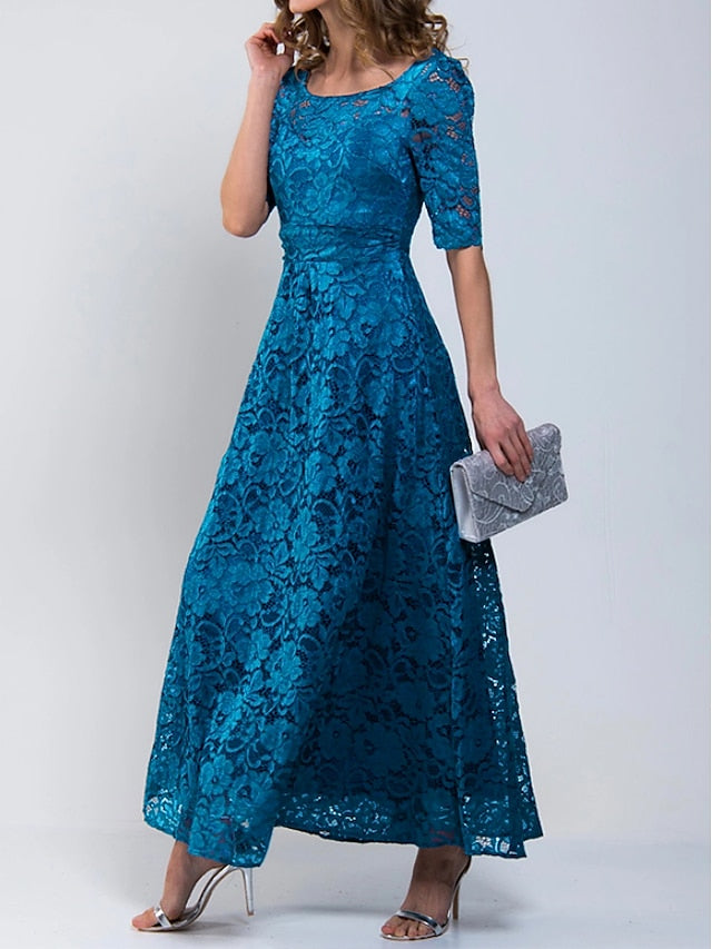 Women's A Line Dress Maxi long Dress Royal Blue Lace Dress Half Sleeve Floral Solid Color Ruched Print Spring Summer Crew Neck Stylish Elegant 2023 S-3XL - LuckyFash™