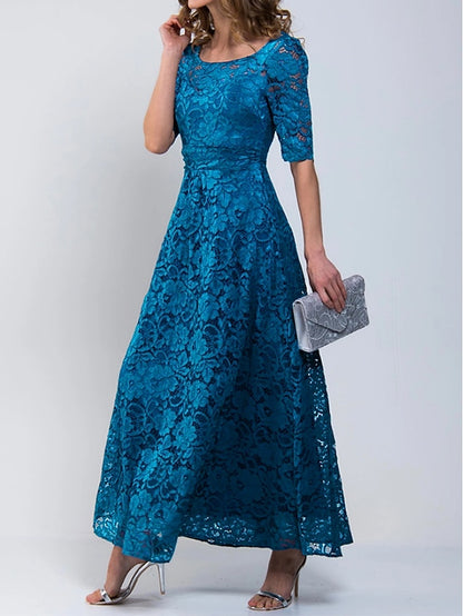 Women's A Line Dress Maxi long Dress Royal Blue Lace Dress Half Sleeve Floral Solid Color Ruched Print Spring Summer Crew Neck Stylish Elegant 2023 S-3XL - LuckyFash™