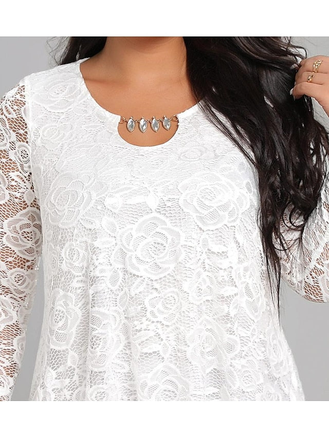 Women's Blouse White Floral Lace Long Sleeve Work Daily Elegant Crew Neck Plus Size L - LuckyFash™