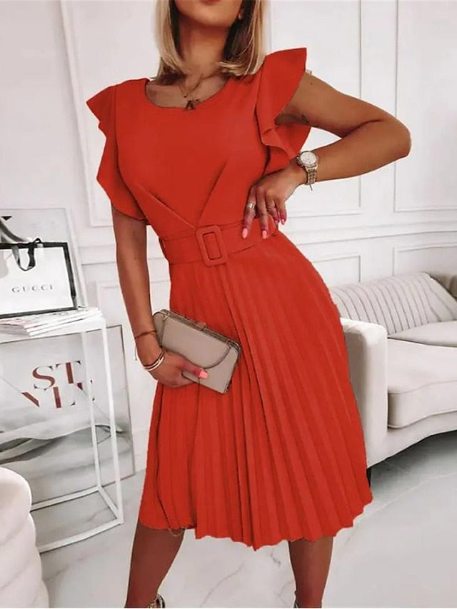 Women's Work Dress Semi Formal Dress Fashion Midi Dress Ruffle Crew Neck Short Sleeve Plain Regular Fit Pink Fuchsia Orange Spring Summer S M L XL XXL - LuckyFash™