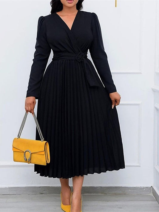 Women's Black Dress A Line Dress Modern Dress Long Dress Maxi Dress Black White Blue Long Sleeve Pure Color Pleated Winter Fall Autumn V Neck Fashion Winter Dress Fall Dress 2023 S M L XL 2XL - LuckyFash™