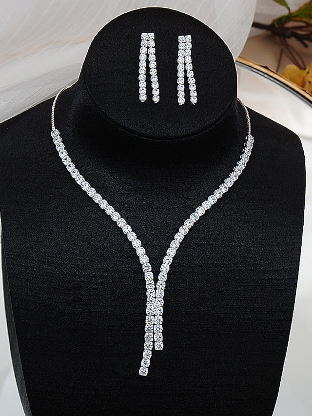 3pcs Bridal Jewelry Sets Bride Jewelry Set Silver Crystal Wedding Necklace Earrings Bridal Rhinestone tessel Pendant Accessories for Women and Bridesmaids (3 piece set - 2 earrings and 1 necklace) - LuckyFash™