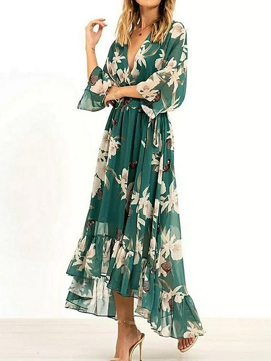 Women's Long Dress Maxi Dress Casual Dress Chiffon Dress Swing Dress Floral Fashion Streetwear Outdoor Daily Holiday Ruffle High Low dress 3/4 Length Sleeve V Neck Dress Regular Fit Green Summer - LuckyFash™