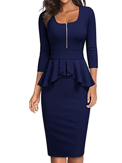 Women's Work Dress Sheath Dress Semi Formal Dress Elegant Midi Dress Ruffle Zipper Square Neck 3/4 Length Sleeve Plain Regular Fit Black Wine Navy Blue Spring Summer S M L XL XXL - LuckyFash™