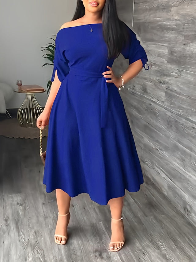 Women's Work Dress Swing Dress Semi Formal Dress Fashion Midi Dress Lace up Off Shoulder Long Sleeve Plain Loose Fit Black Red Blue Summer Spring S M L XL - LuckyFash™