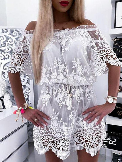 Lace Boat Neck Off-Shoulder Mini Dress - LuckyFash™