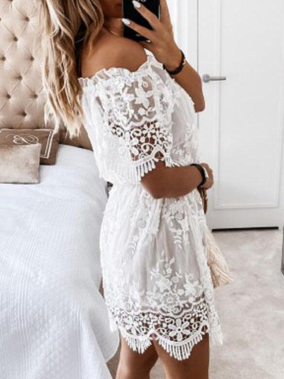 Lace Boat Neck Off-Shoulder Mini Dress - LuckyFash™