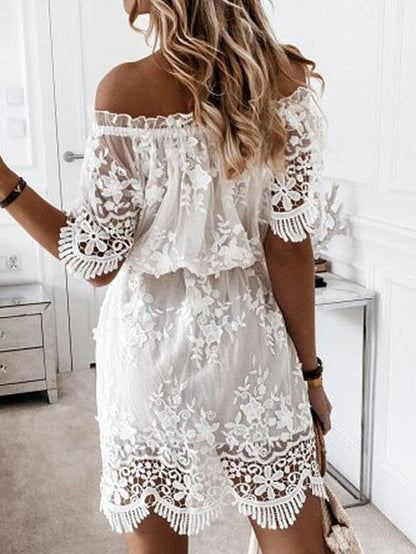 Lace Boat Neck Off-Shoulder Mini Dress - LuckyFash™
