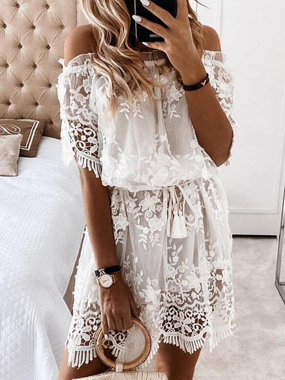 Lace Boat Neck Off-Shoulder Mini Dress - LuckyFash™