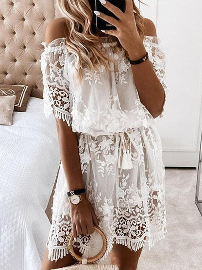 Lace Boat Neck Off-Shoulder Mini Dress - LuckyFash™