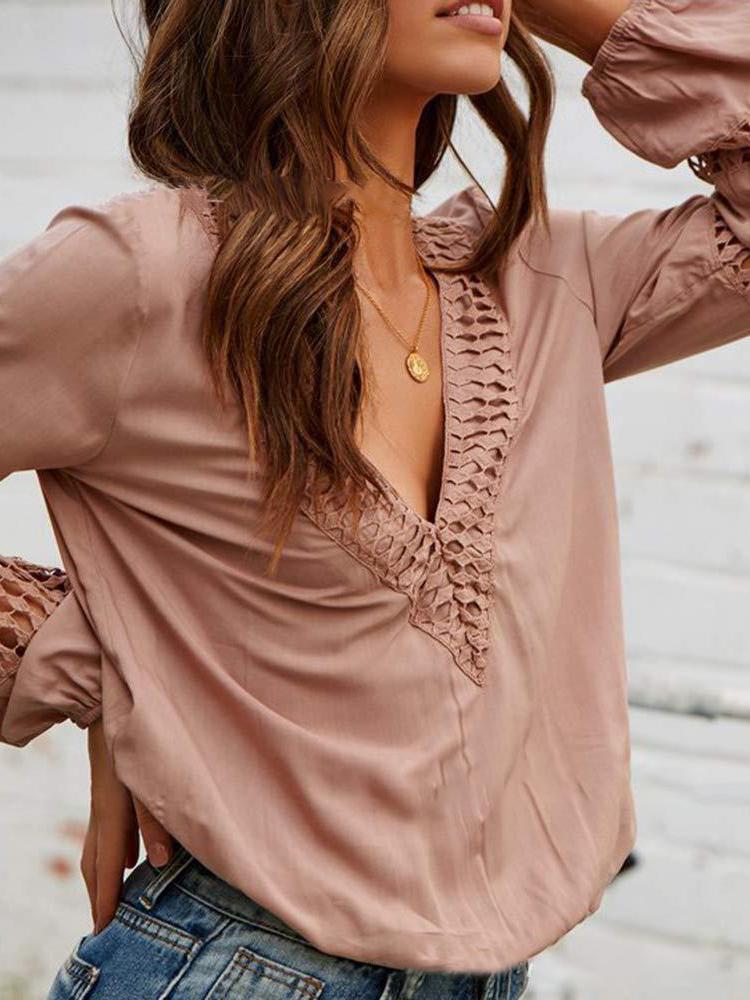 Lace Deep V-neck Long-sleeved Casual Shirt - LuckyFash™