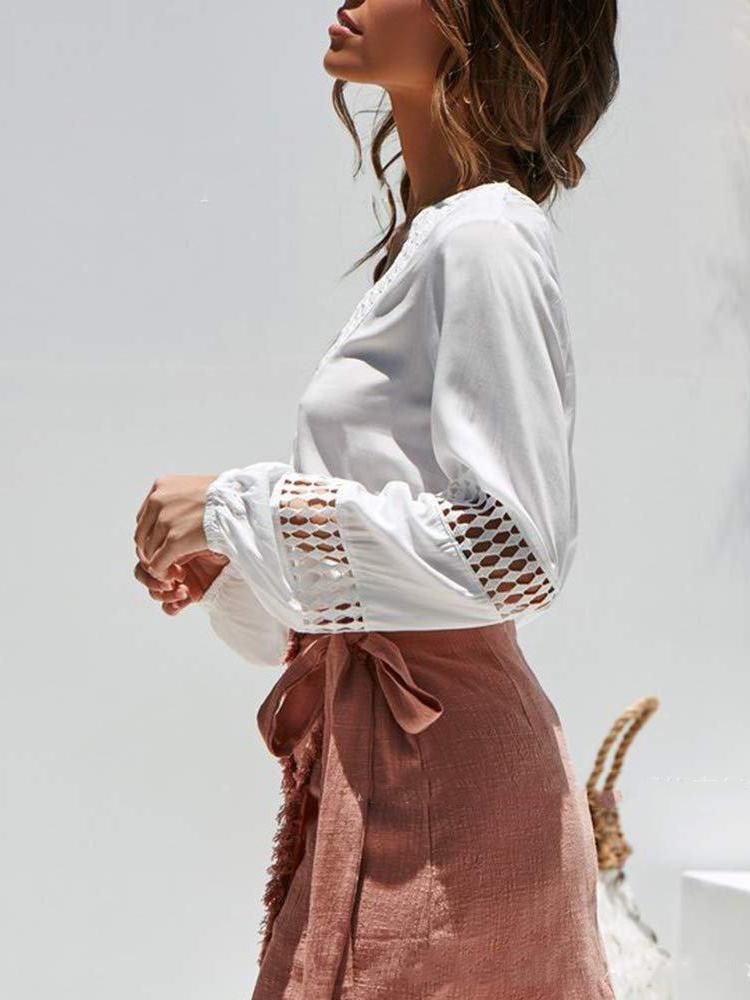 Lace Deep V-neck Long-sleeved Casual Shirt - LuckyFash™