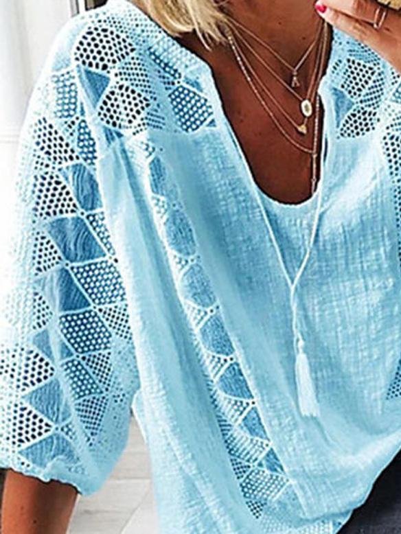 Lace Stitching U-neck 3/4 Sleeve Blouse - LuckyFash™