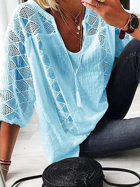 Lace Stitching U-neck 3/4 Sleeve Blouse - LuckyFash™
