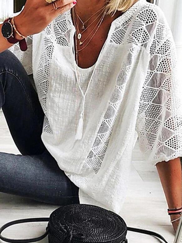 Lace Stitching U-neck 3/4 Sleeve Blouse - LuckyFash™