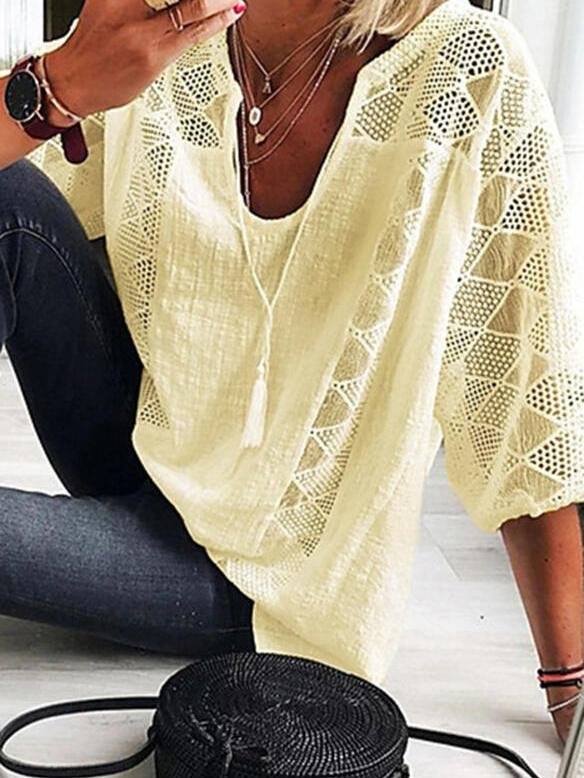 Lace Stitching U-neck 3/4 Sleeve Blouse - LuckyFash™