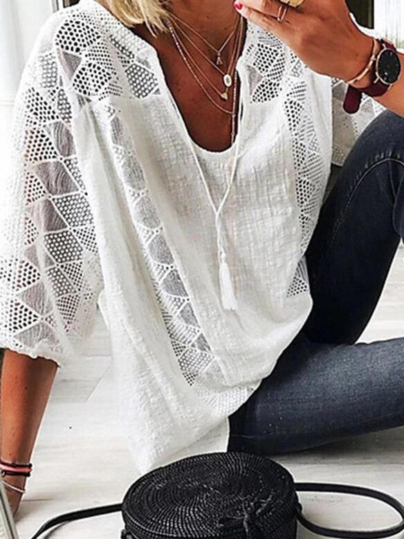 Lace Stitching U-neck 3/4 Sleeve Blouse - LuckyFash™