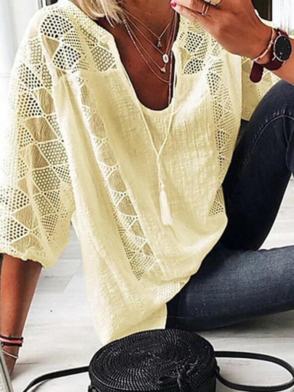 Lace Stitching U-neck 3/4 Sleeve Blouse - LuckyFash™